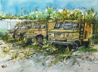 Painting titled "Les vieux camions" by Emilian Alexianu, Original Artwork, Watercolor