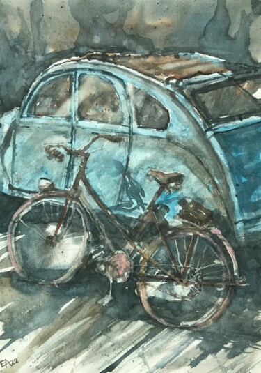 Painting titled "Le vélo et la Deude…" by Emilian Alexianu, Original Artwork, Watercolor