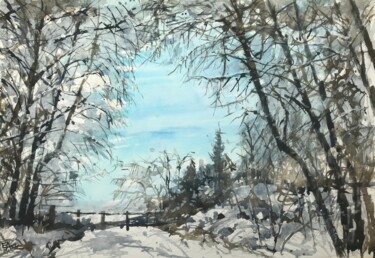 Painting titled "La première neige d…" by Emilian Alexianu, Original Artwork, Watercolor