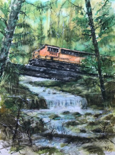 Malerei mit dem Titel "Un train dans la fo…" von Emilian Alexianu, Original-Kunstwerk, Aquarell