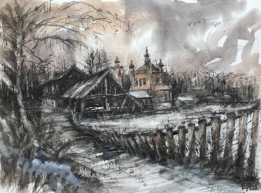 Painting titled "Village abandonné" by Emilian Alexianu, Original Artwork, Watercolor