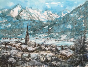 Painting titled "Hiver en Autriche" by Emilian Alexianu, Original Artwork, Watercolor