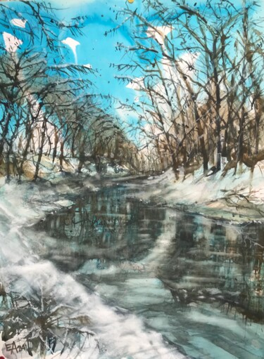 Pintura intitulada "La rivière gelée" por Emilian Alexianu, Obras de arte originais, Aquarela