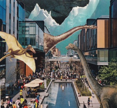 Collagen mit dem Titel "Dinosaurs attack" von Emilie Desault, Original-Kunstwerk, Collagen