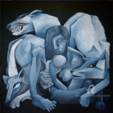 Malerei mit dem Titel "Maternité aux louves" von Emilie Mota-Maldonado, Original-Kunstwerk, Acryl Auf Keilrahmen aus Holz mo…