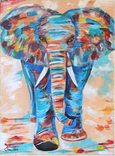 Painting titled "Eléphant" by Emilie Neuillie (Emy-Ly-Art), Original Artwork, Acrylic Mounted on Wood Stretcher frame