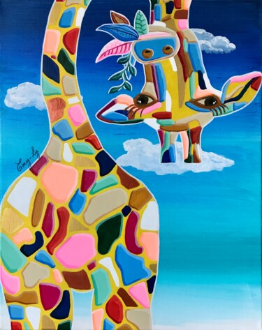 Painting titled "Girafe arc-en-ciel" by Emilie Neuillie (Emy-Ly-Art), Original Artwork, Acrylic Mounted on Wood Stretcher fr…