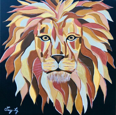 Painting titled "Lion d'or" by Emilie Neuillie (Emy-Ly-Art), Original Artwork, Acrylic Mounted on Wood Stretcher frame