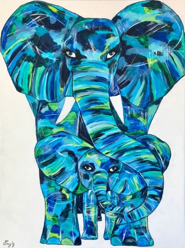 Painting titled "Eléphants bleus" by Emilie Neuillie (Emy-Ly-Art), Original Artwork, Acrylic Mounted on Wood Stretcher frame