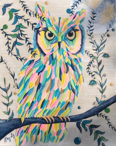 Painting titled "Le Duc Hibou" by Emilie Neuillie (Emy-Ly-Art), Original Artwork, Acrylic Mounted on Wood Stretcher frame