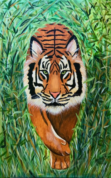 Painting titled "Un tigre à Sumatra" by Emilie Neuillie (Emy-Ly-Art), Original Artwork, Acrylic Mounted on Wood Stretcher fr…