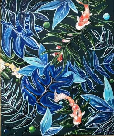 Painting titled "Quatre poissons rou…" by Emilie Neuillie (Emy-Ly-Art), Original Artwork, Oil Mounted on Wood Stretcher frame