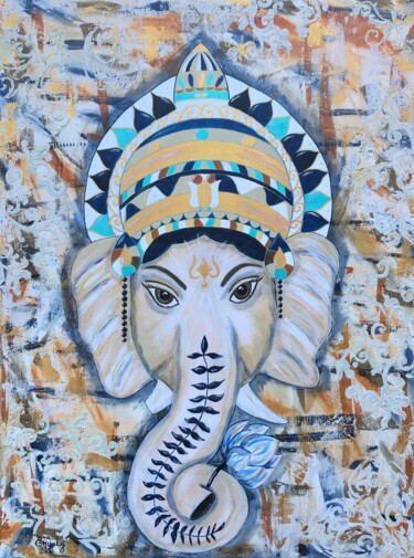 Painting titled "Ganesh" by Emilie Neuillie (Emy-Ly-Art), Original Artwork, Acrylic Mounted on Wood Stretcher frame