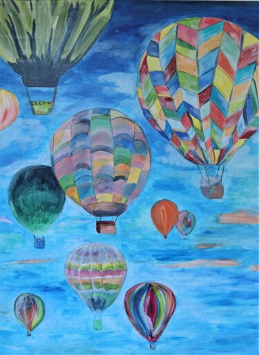 Painting titled "Lâcher de ballons" by Emilie Neuillie (Emy-Ly-Art), Original Artwork, Acrylic Mounted on Wood Stretcher fra…