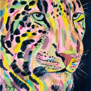 Painting titled "Guépard Pop" by Emilie Neuillie (Emy-Ly-Art), Original Artwork, Oil Mounted on Wood Stretcher frame