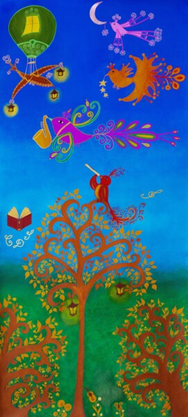 Schilderij getiteld "L'oiseau flûtiste /…" door Émilie Pauly, Origineel Kunstwerk, Gouache