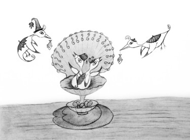 Zeichnungen mit dem Titel "Famille Oiseau / Bi…" von Émilie Pauly, Original-Kunstwerk, Bleistift