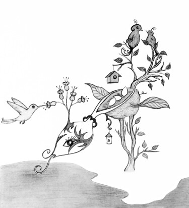 Tekening getiteld "Arbre-oiseau se dés…" door Émilie Pauly, Origineel Kunstwerk, Potlood