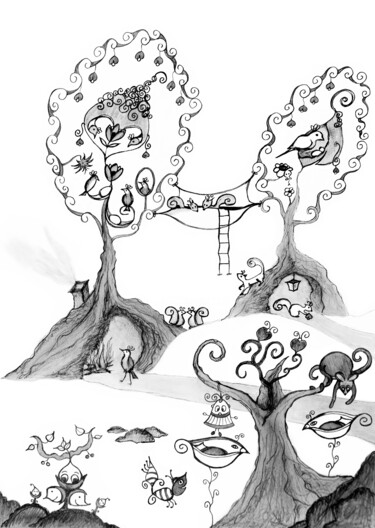 Disegno intitolato "Forêt du bonheur /…" da Émilie Pauly, Opera d'arte originale, Matita