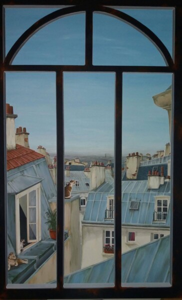 Peinture intitulée "Vue sur les toits d…" par Émilie Pineau, Œuvre d'art originale, Acrylique