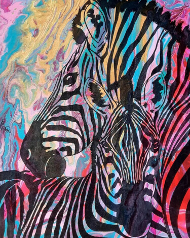 Painting titled "Mum and baby zebras" by Emilie Ruffat, Original Artwork, Acrylic Mounted on Wood Stretcher frame