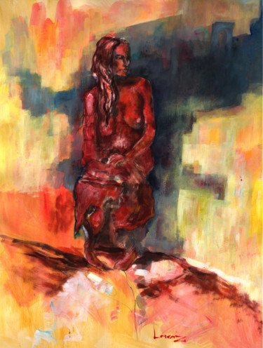 Peinture intitulée "Femme rouge assise" par Lorenz, Œuvre d'art originale, Acrylique