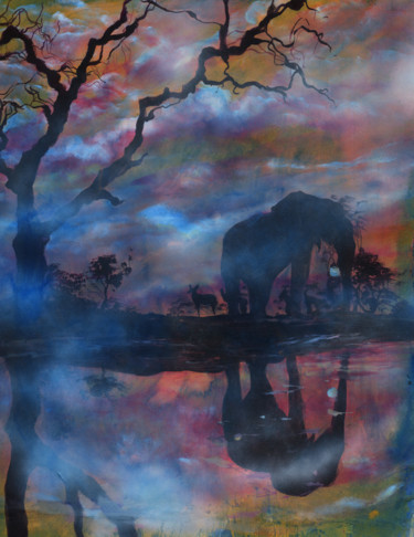 Peinture intitulée "Éléphant près du fl…" par Lorenz, Œuvre d'art originale, Acrylique