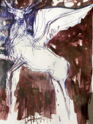 Pintura intitulada "Cerf blanc ailé" por Lorenz, Obras de arte originais