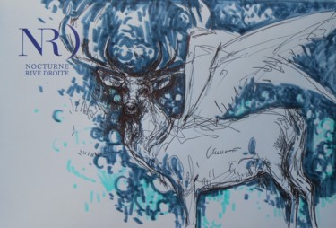 Drawing titled "Cerf blanc ailé" by Lorenz, Original Artwork, Ballpoint pen