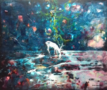 Painting titled "Cerf blanc" by Lorenz, Original Artwork, Oil Mounted on Wood Stretcher frame