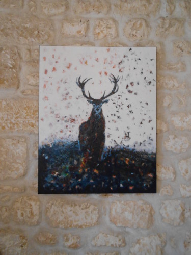 Painting titled "Cerf majestueux" by Lorenz, Original Artwork, Acrylic Mounted on Wood Stretcher frame