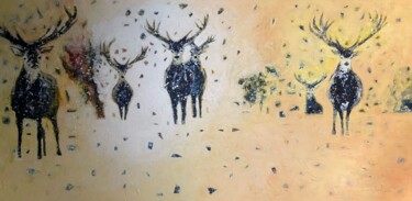 Painting titled "Cerfs en hiver II" by Lorenz, Original Artwork, Acrylic Mounted on Wood Stretcher frame