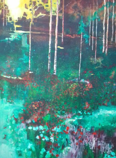 Painting titled "Foret imaginaire II" by Lorenz, Original Artwork, Oil Mounted on Wood Stretcher frame