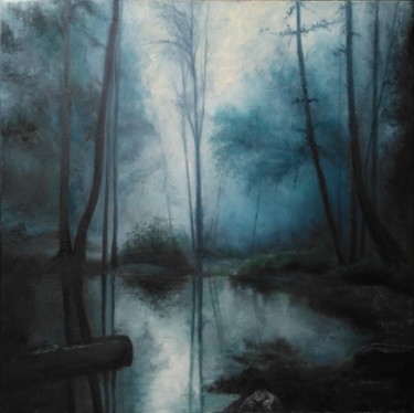 Painting titled "lake in the woods" by Emilia Michałowska, Original Artwork, Oil
