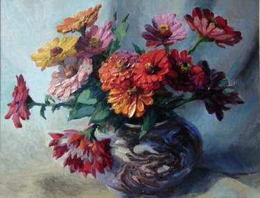 Painting titled "Zinnias" by Emil Pascalau, Original Artwork