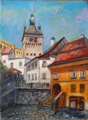 Painting titled "Sighisoara /Turnul…" by Emily Ardelean, Original Artwork, Oil Mounted on Wood Panel