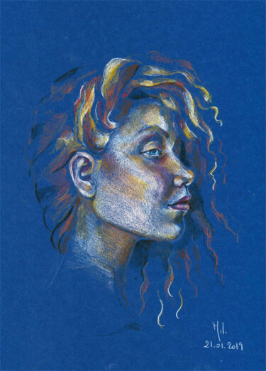 Рисунок под названием "Blue girl" - Emily Coubard (Mil.), Подлинное произведение искусства, Карандаш
