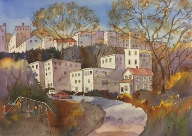 Painting titled "Houses On The Hill—…" by Emily Stedman, Original Artwork, Watercolor