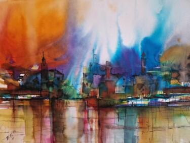 Pintura intitulada "A City by the Sea" por Emir Kerenovic, Obras de arte originais, Aquarela