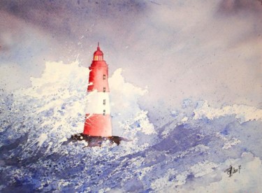 Painting titled "Phare dans la tempê…" by Jocelyne Dumont, Original Artwork