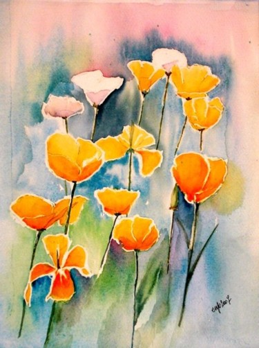 Painting titled "Pavots de Californie" by Jocelyne Dumont, Original Artwork