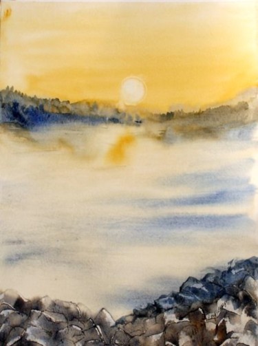 Painting titled "lac au lever du sol…" by Jocelyne Dumont, Original Artwork