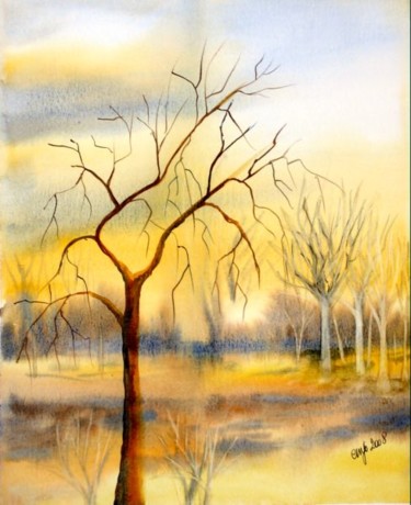 Peinture intitulée "arbre sous le  sole…" par Jocelyne Dumont, Œuvre d'art originale