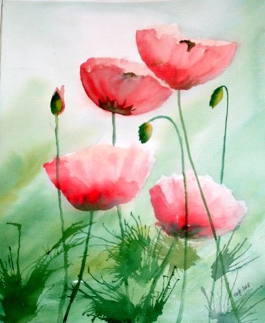 Painting titled "Coquelicots 2" by Jocelyne Dumont, Original Artwork