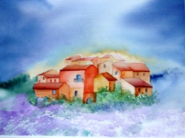 Peinture intitulée "village au soleil" par Jocelyne Dumont, Œuvre d'art originale