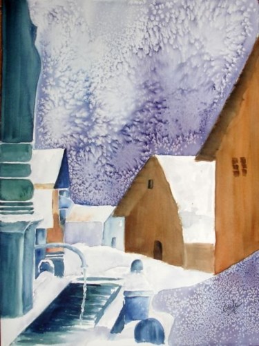 Painting titled "village sous la nei…" by Jocelyne Dumont, Original Artwork