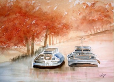 Painting titled "deux péniches" by Jocelyne Dumont, Original Artwork