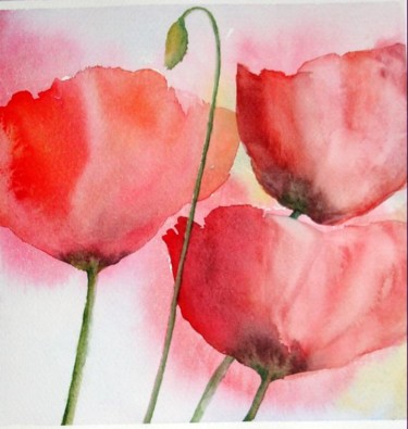 Painting titled "coquelicots tryptiq…" by Jocelyne Dumont, Original Artwork