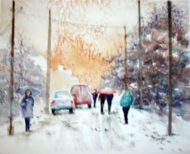 Peinture intitulée "ville-sous-la-neige…" par Jocelyne Dumont, Œuvre d'art originale