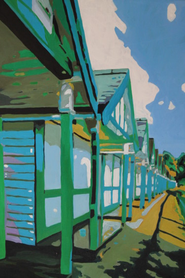 Schilderij getiteld "Langland Beach Huts…" door Emma Cownie, Origineel Kunstwerk, Olie